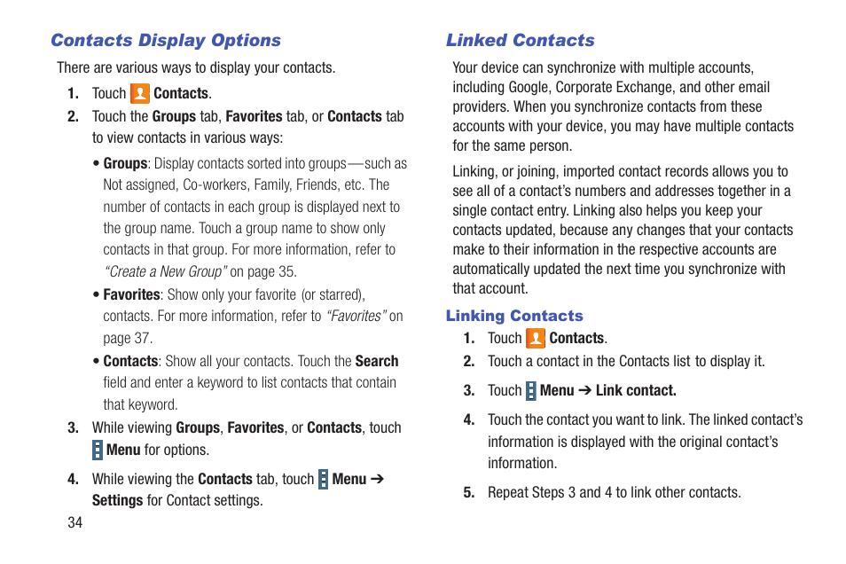 Contacts display options, Linked contacts | Samsung SM-T537RYKAUSC User Manual | Page 40 / 126