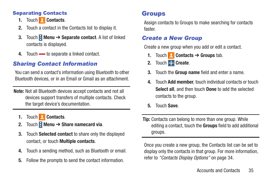 Sharing contact information, Groups, Create a new group | Group. for more information, refer to | Samsung SM-T537RYKAUSC User Manual | Page 41 / 126
