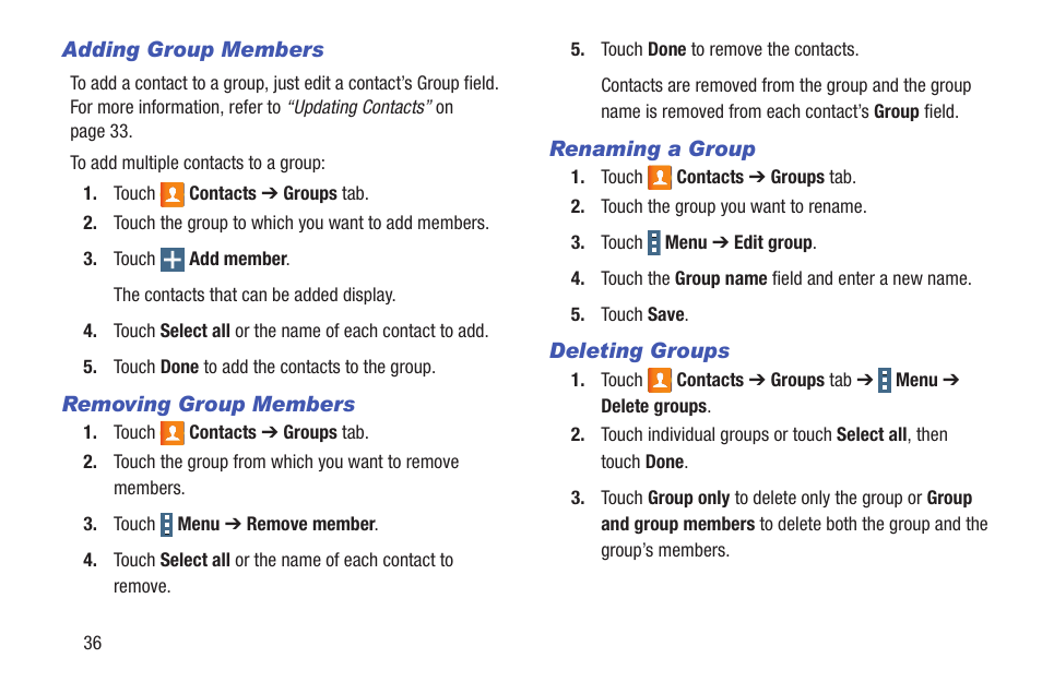 Adding group members, Removing group members, Renaming a group | Deleting groups | Samsung SM-T537RYKAUSC User Manual | Page 42 / 126