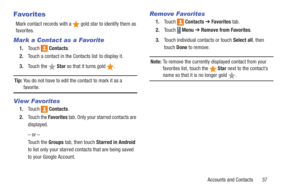 Favorites, Mark a contact as a favorite, View favorites | Remove favorites | Samsung SM-T537RYKAUSC User Manual | Page 43 / 126