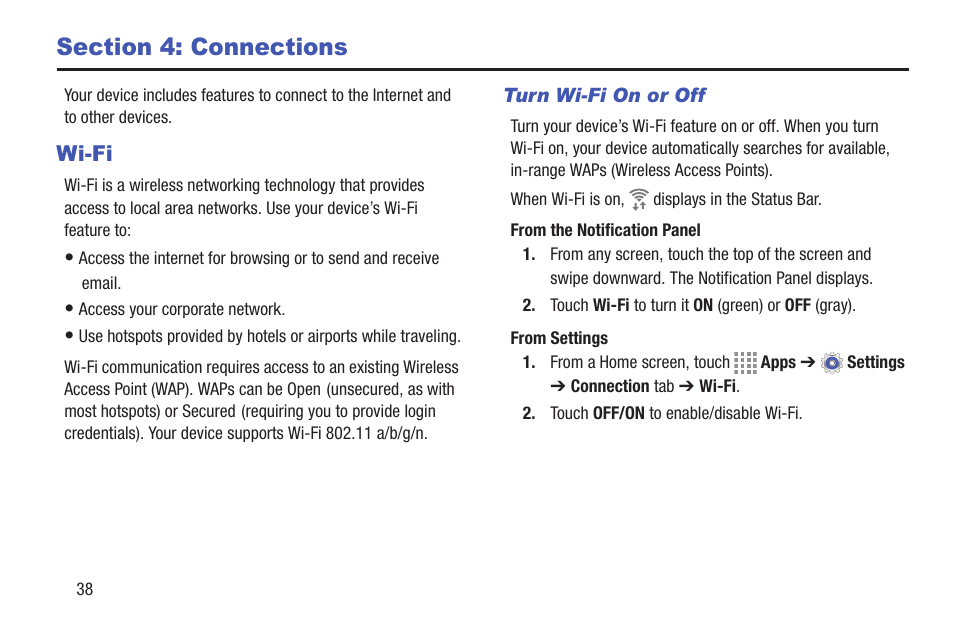 Section 4: connections, Wi-fi, Turn wi-fi on or off | Samsung SM-T537RYKAUSC User Manual | Page 44 / 126