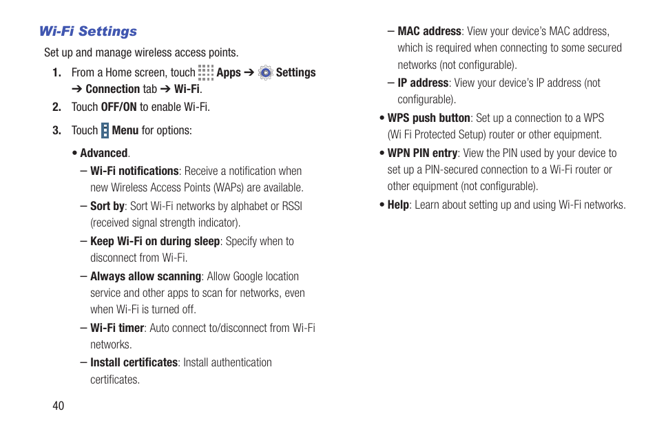 Wi-fi settings | Samsung SM-T537RYKAUSC User Manual | Page 46 / 126