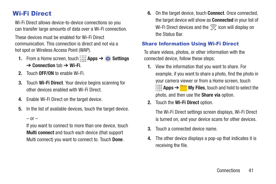 Wi-fi direct | Samsung SM-T537RYKAUSC User Manual | Page 47 / 126