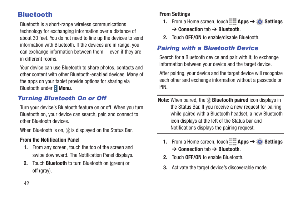 Bluetooth, Turning bluetooth on or off, Pairing with a bluetooth device | Samsung SM-T537RYKAUSC User Manual | Page 48 / 126