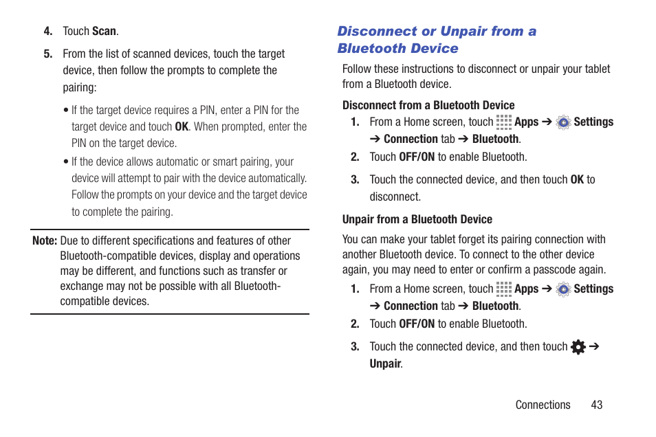 Disconnect or unpair from a bluetooth device | Samsung SM-T537RYKAUSC User Manual | Page 49 / 126