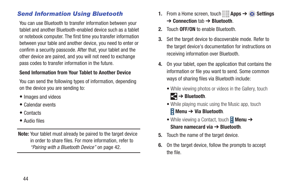 Send information using bluetooth | Samsung SM-T537RYKAUSC User Manual | Page 50 / 126