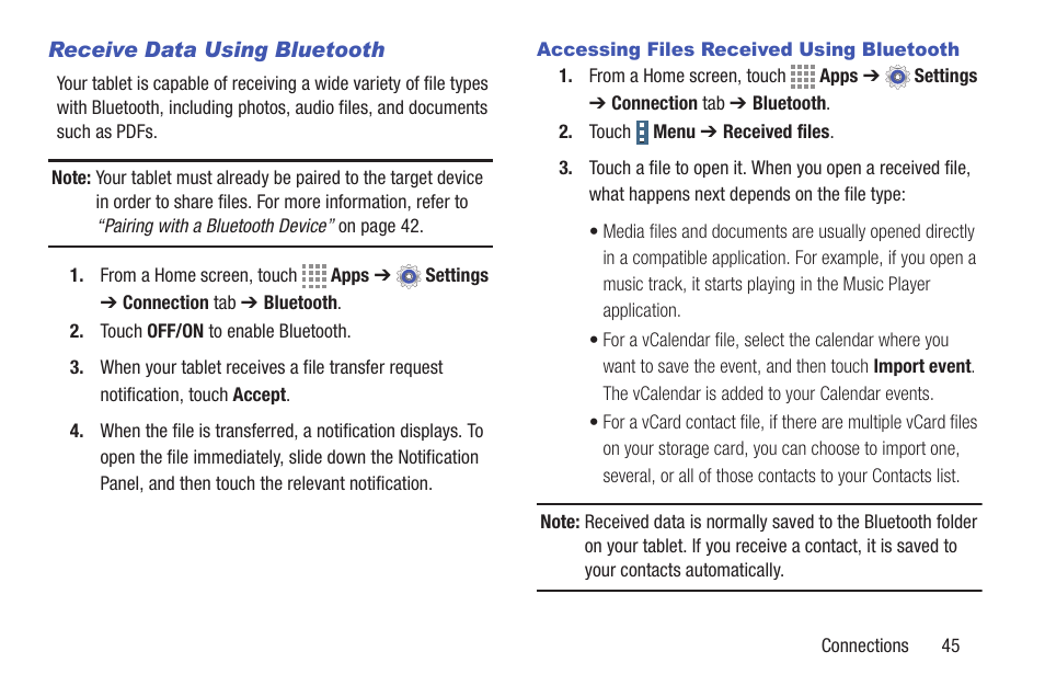 Receive data using bluetooth | Samsung SM-T537RYKAUSC User Manual | Page 51 / 126