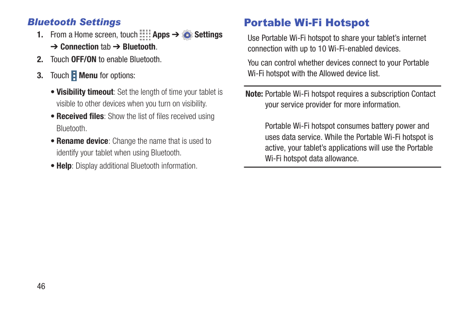 Bluetooth settings, Portable wi-fi hotspot | Samsung SM-T537RYKAUSC User Manual | Page 52 / 126