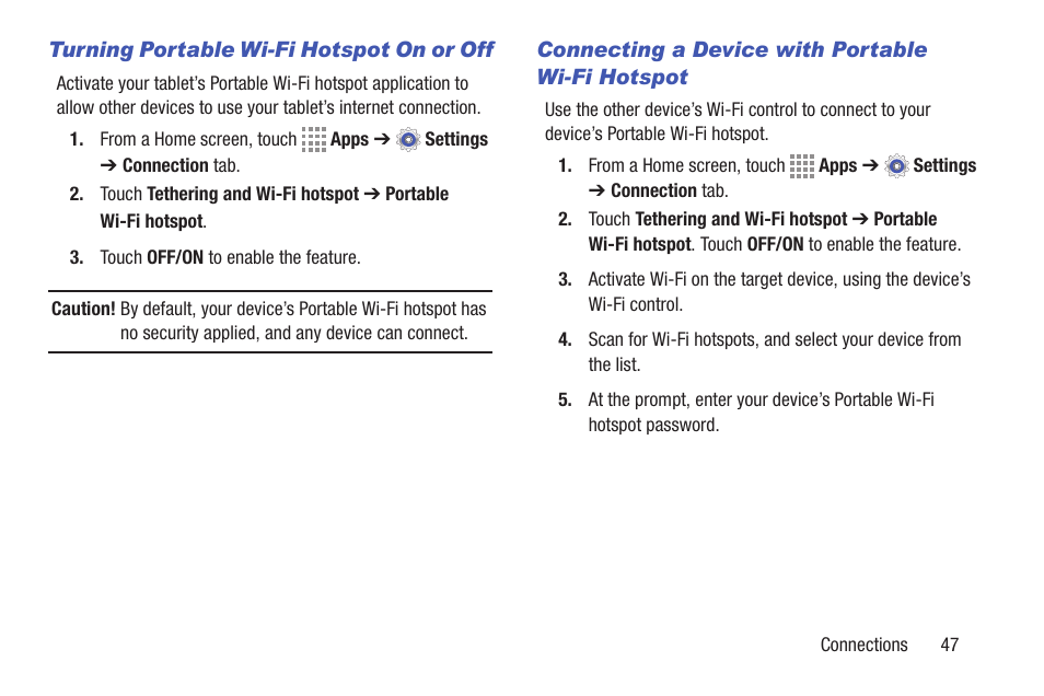 Turning portable wi-fi hotspot on or off, Connecting a device with portable wi-fi hotspot | Samsung SM-T537RYKAUSC User Manual | Page 53 / 126