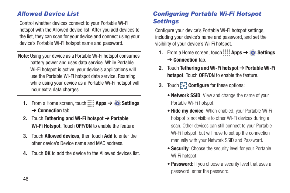Allowed device list, Configuring portable wi-fi hotspot settings | Samsung SM-T537RYKAUSC User Manual | Page 54 / 126