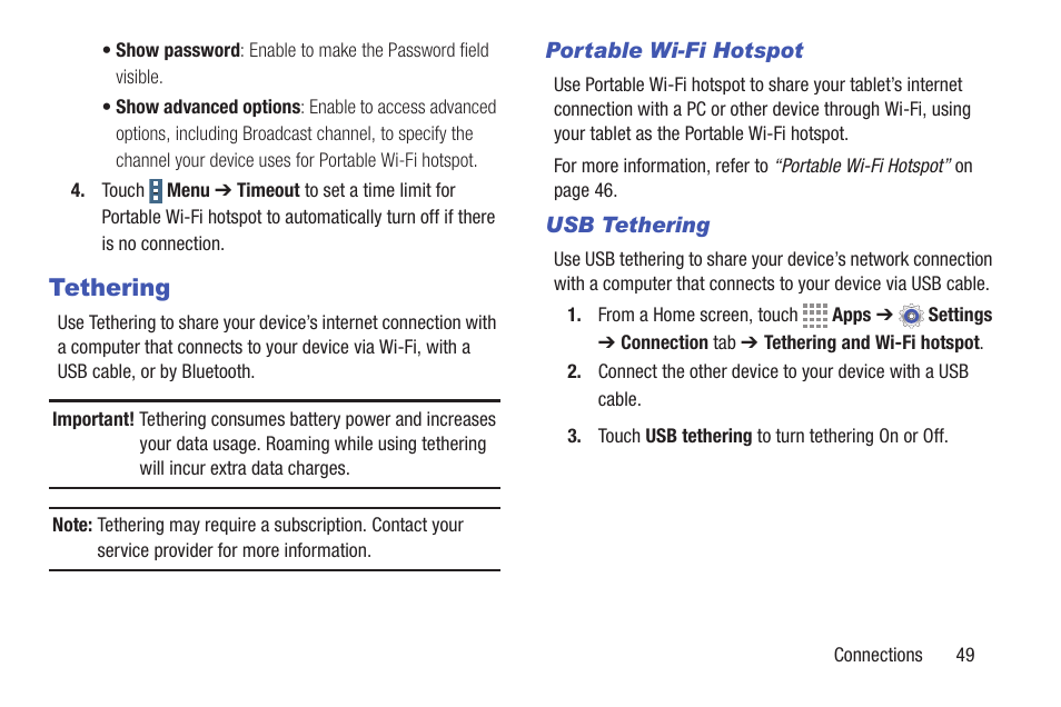 Tethering, Portable wi-fi hotspot, Usb tethering | Samsung SM-T537RYKAUSC User Manual | Page 55 / 126
