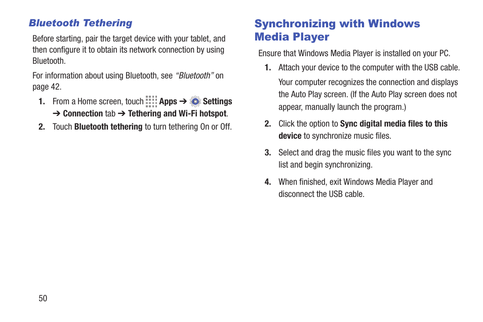 Bluetooth tethering, Synchronizing with windows media player | Samsung SM-T537RYKAUSC User Manual | Page 56 / 126