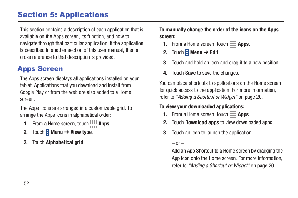 Section 5: applications, Apps screen | Samsung SM-T537RYKAUSC User Manual | Page 58 / 126