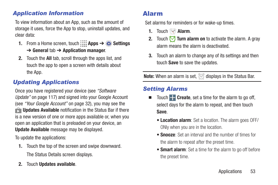 Application information, Updating applications, Alarm | Setting alarms | Samsung SM-T537RYKAUSC User Manual | Page 59 / 126