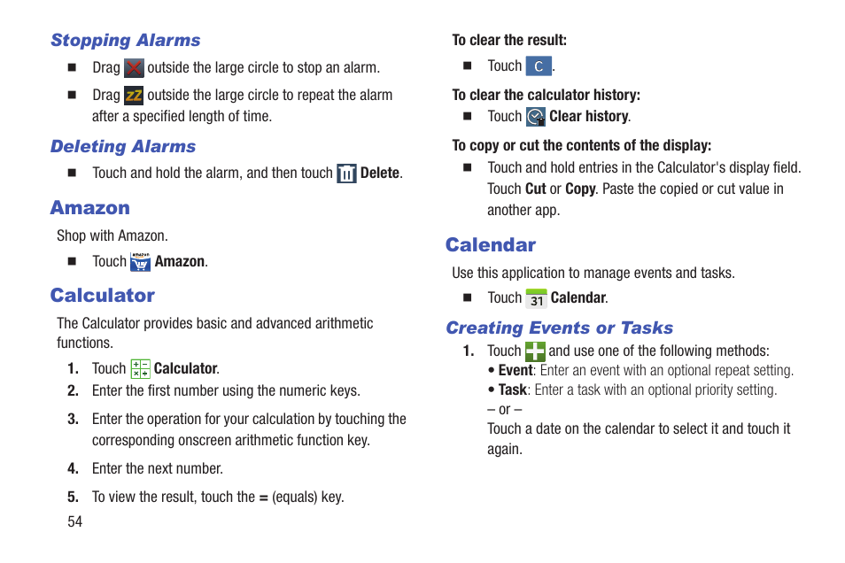 Stopping alarms, Deleting alarms, Amazon | Calculator, Calendar, Creating events or tasks, Calculator calendar | Samsung SM-T537RYKAUSC User Manual | Page 60 / 126