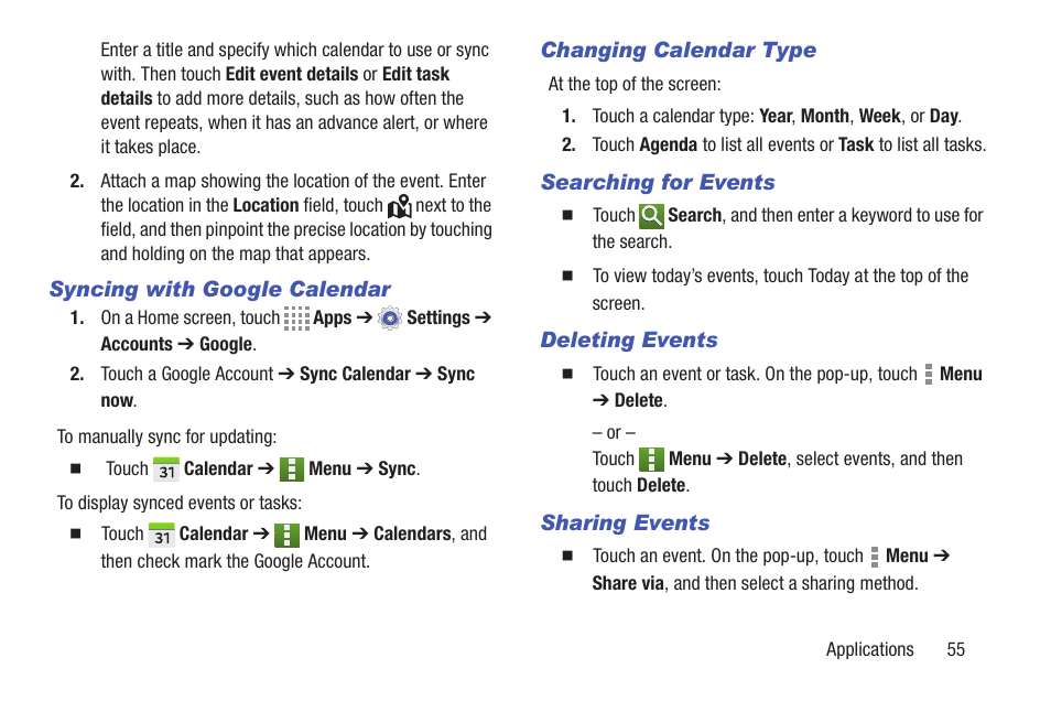 Syncing with google calendar, Changing calendar type, Searching for events | Deleting events, Sharing events | Samsung SM-T537RYKAUSC User Manual | Page 61 / 126