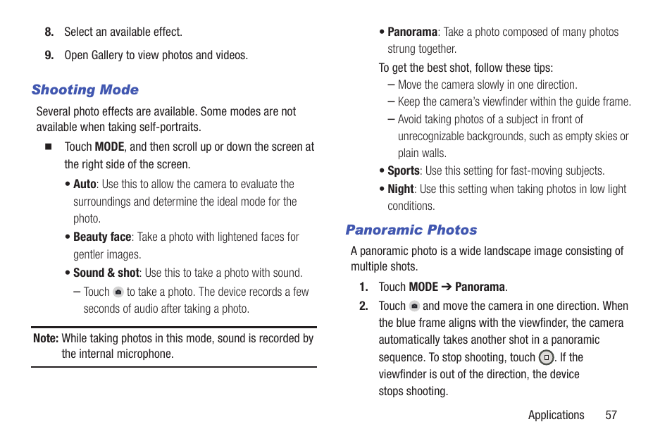 Shooting mode, Panoramic photos | Samsung SM-T537RYKAUSC User Manual | Page 63 / 126