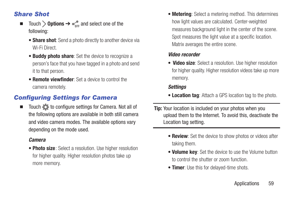 Share shot, Configuring settings for camera | Samsung SM-T537RYKAUSC User Manual | Page 65 / 126