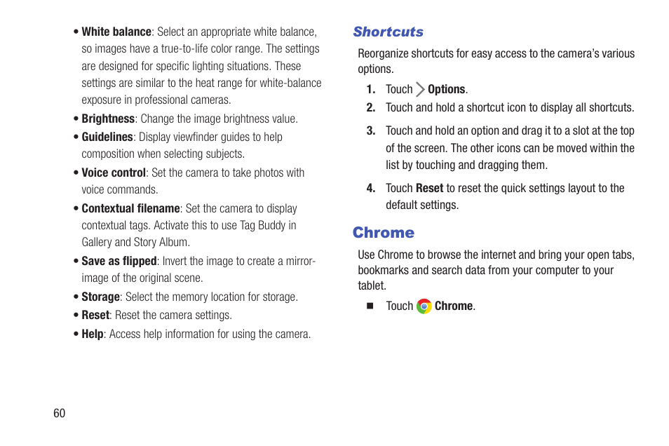 Shortcuts, Chrome | Samsung SM-T537RYKAUSC User Manual | Page 66 / 126