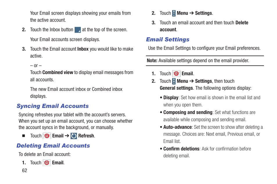 Syncing email accounts, Deleting email accounts, Email settings | Samsung SM-T537RYKAUSC User Manual | Page 68 / 126