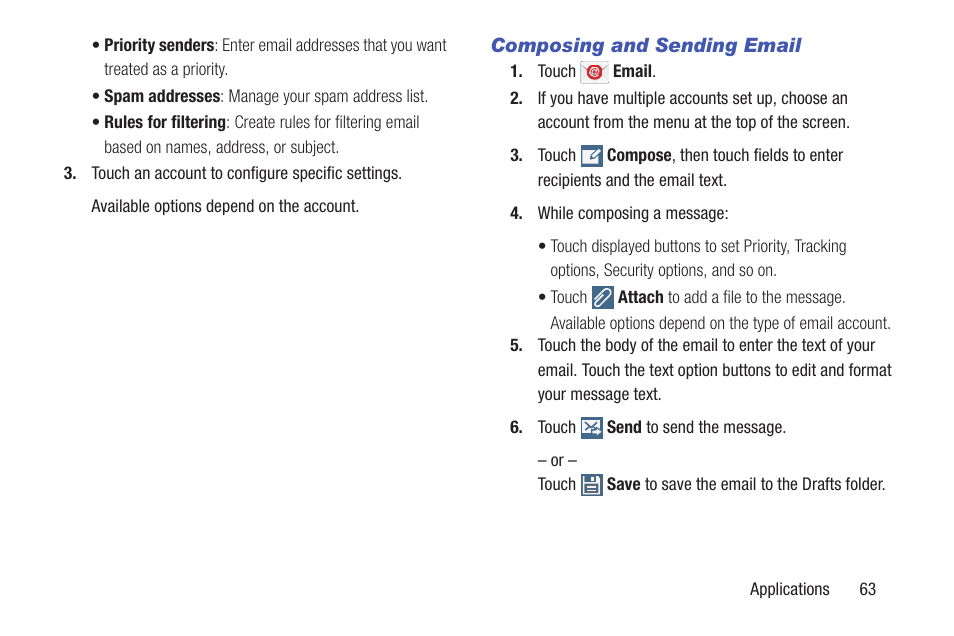 Composing and sending email | Samsung SM-T537RYKAUSC User Manual | Page 69 / 126