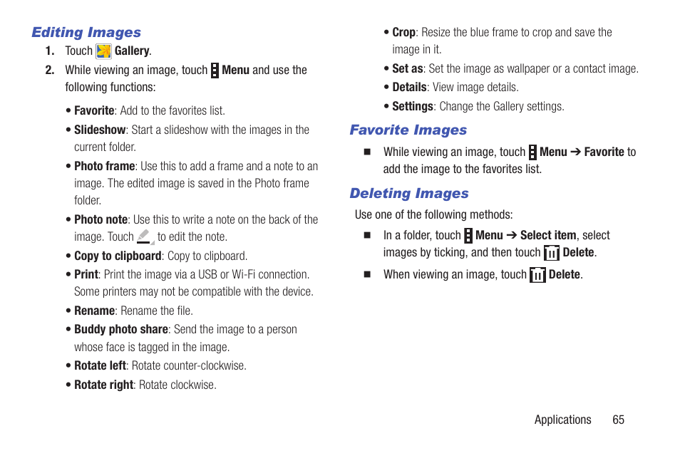 Editing images, Favorite images, Deleting images | Samsung SM-T537RYKAUSC User Manual | Page 71 / 126
