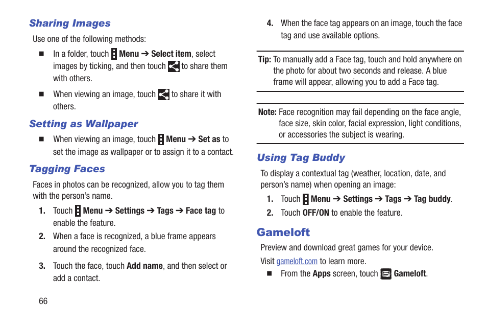 Sharing images, Setting as wallpaper, Tagging faces | Using tag buddy, Gameloft | Samsung SM-T537RYKAUSC User Manual | Page 72 / 126