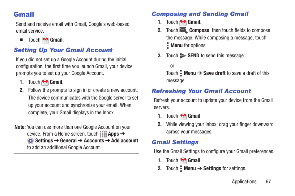 Gmail, Setting up your gmail account, Composing and sending gmail | Refreshing your gmail account, Gmail settings | Samsung SM-T537RYKAUSC User Manual | Page 73 / 126