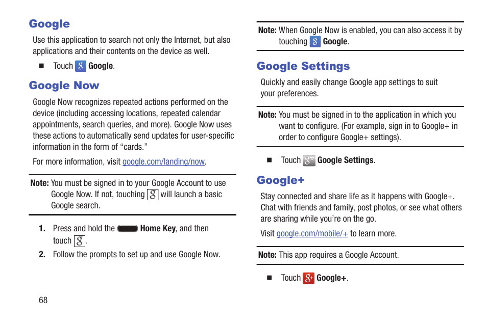 Google, Google now, Google settings | Google google now google settings google | Samsung SM-T537RYKAUSC User Manual | Page 74 / 126