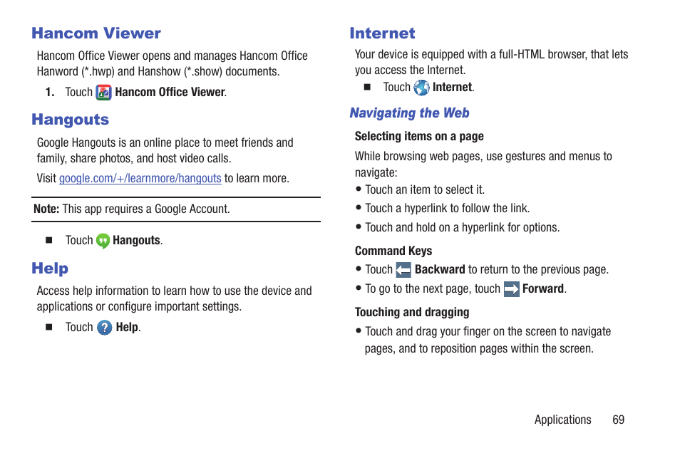 Hancom viewer, Hangouts, Help | Internet, Navigating the web, Hancom viewer hangouts help internet | Samsung SM-T537RYKAUSC User Manual | Page 75 / 126