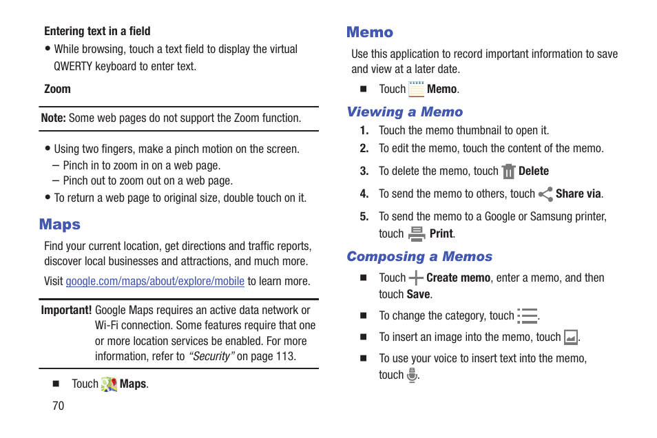 Maps, Memo, Viewing a memo | Composing a memos, Maps memo | Samsung SM-T537RYKAUSC User Manual | Page 76 / 126