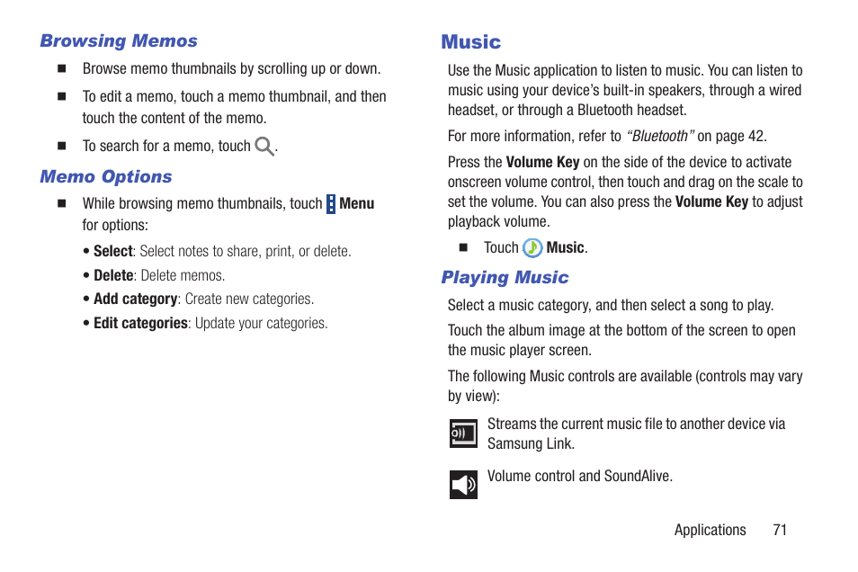 Browsing memos, Memo options, Music | Playing music | Samsung SM-T537RYKAUSC User Manual | Page 77 / 126