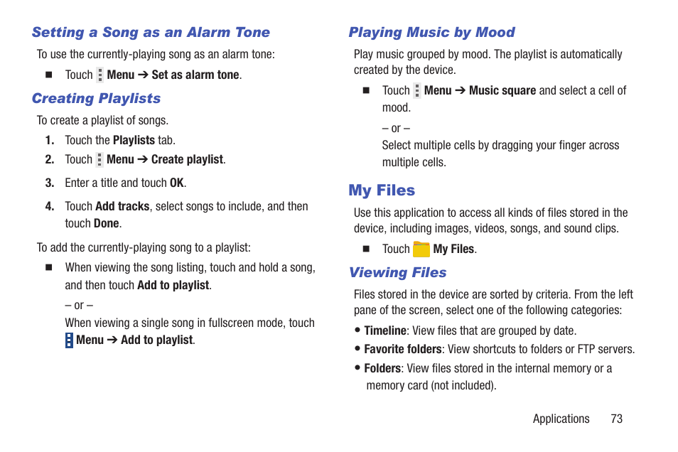 Setting a song as an alarm tone, Creating playlists, Playing music by mood | My files, Viewing files | Samsung SM-T537RYKAUSC User Manual | Page 79 / 126