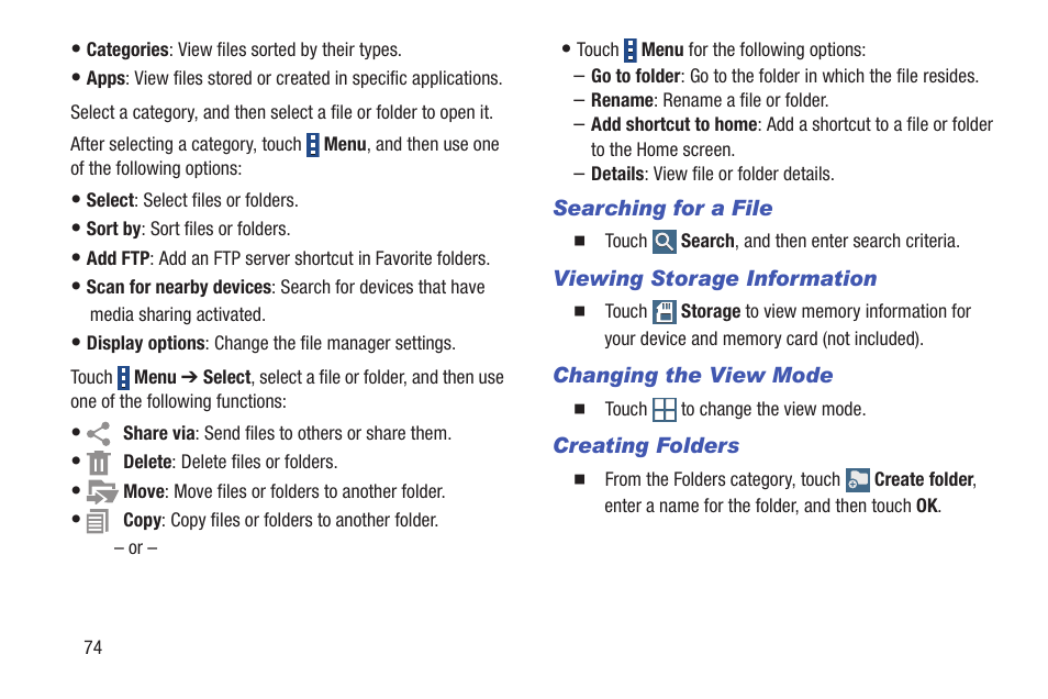 Searching for a file, Viewing storage information, Changing the view mode | Creating folders | Samsung SM-T537RYKAUSC User Manual | Page 80 / 126