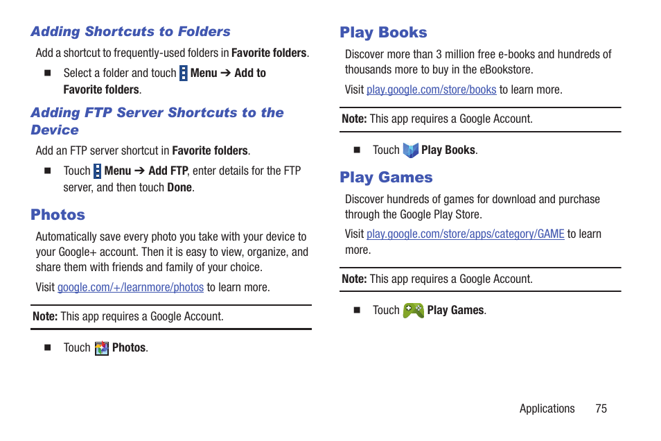 Adding shortcuts to folders, Adding ftp server shortcuts to the device, Photos | Play books, Play games, Photos play books play games | Samsung SM-T537RYKAUSC User Manual | Page 81 / 126