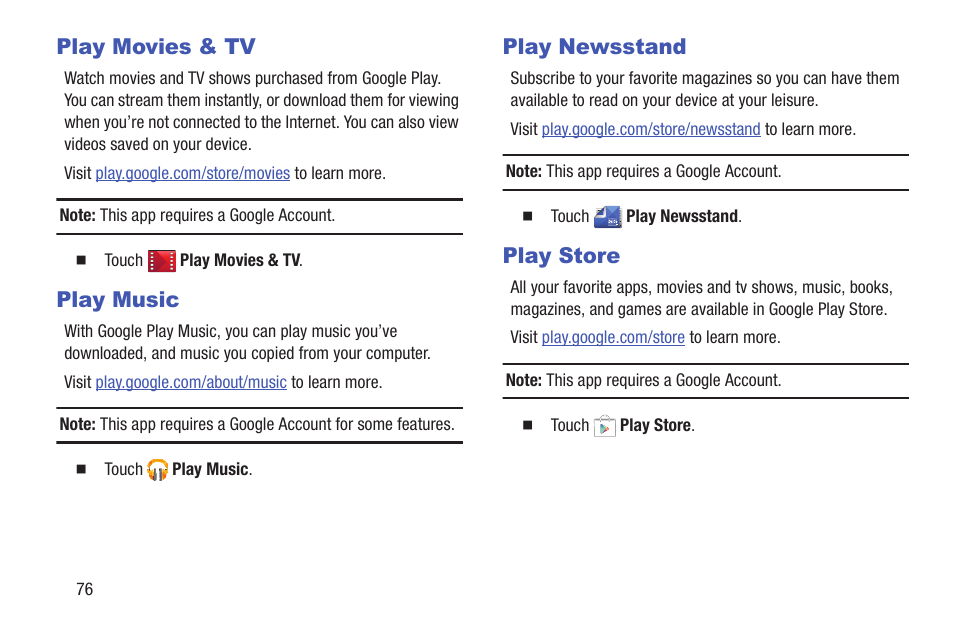 Play movies & tv, Play music, Play newsstand | Play store | Samsung SM-T537RYKAUSC User Manual | Page 82 / 126