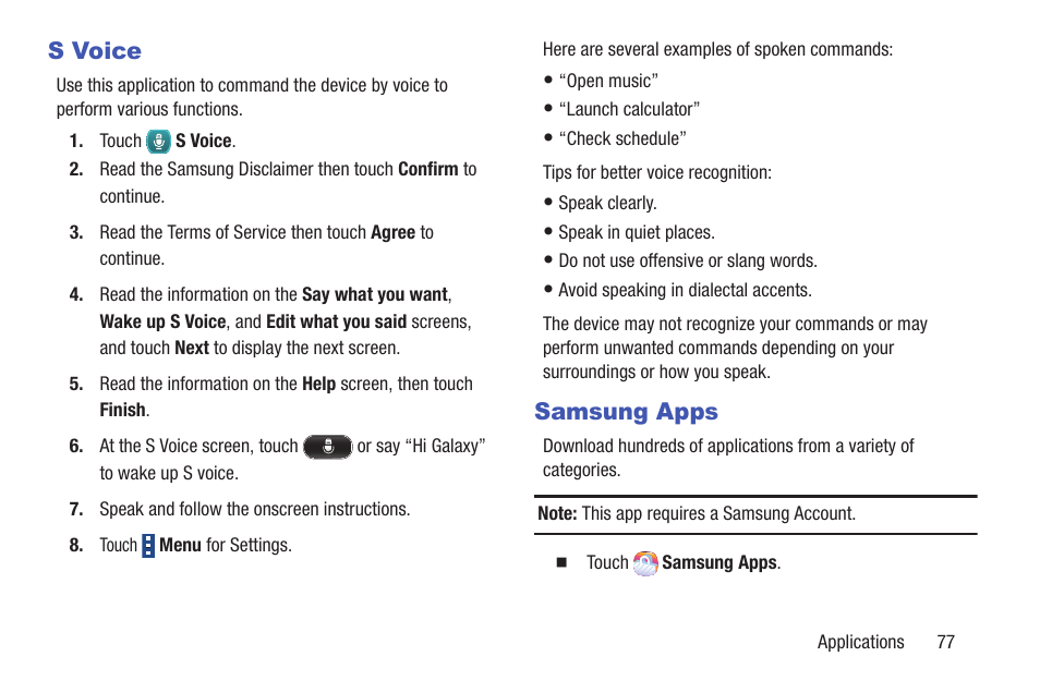 S voice, Samsung apps, S voice samsung apps | Samsung SM-T537RYKAUSC User Manual | Page 83 / 126