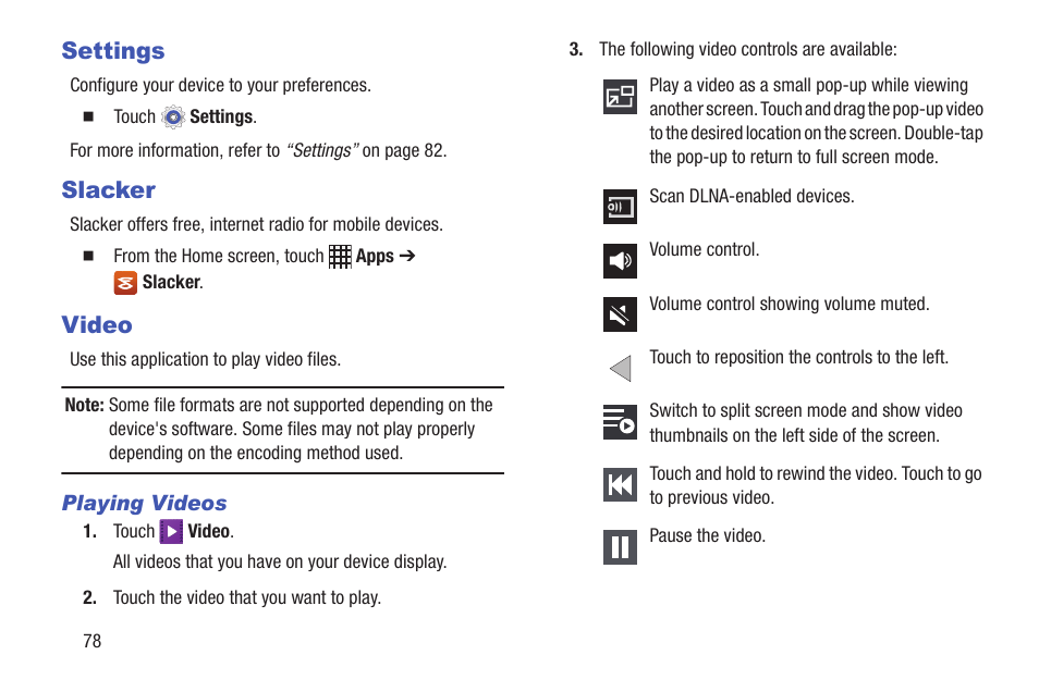 Settings, Slacker, Video | Playing videos, Settings slacker video | Samsung SM-T537RYKAUSC User Manual | Page 84 / 126