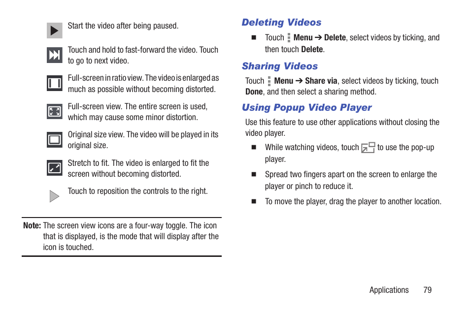 Deleting videos, Sharing videos, Using popup video player | Samsung SM-T537RYKAUSC User Manual | Page 85 / 126