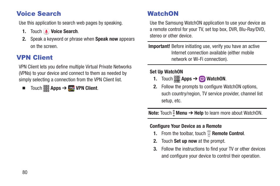 Voice search, Vpn client, Watchon | Voice search vpn client watchon | Samsung SM-T537RYKAUSC User Manual | Page 86 / 126