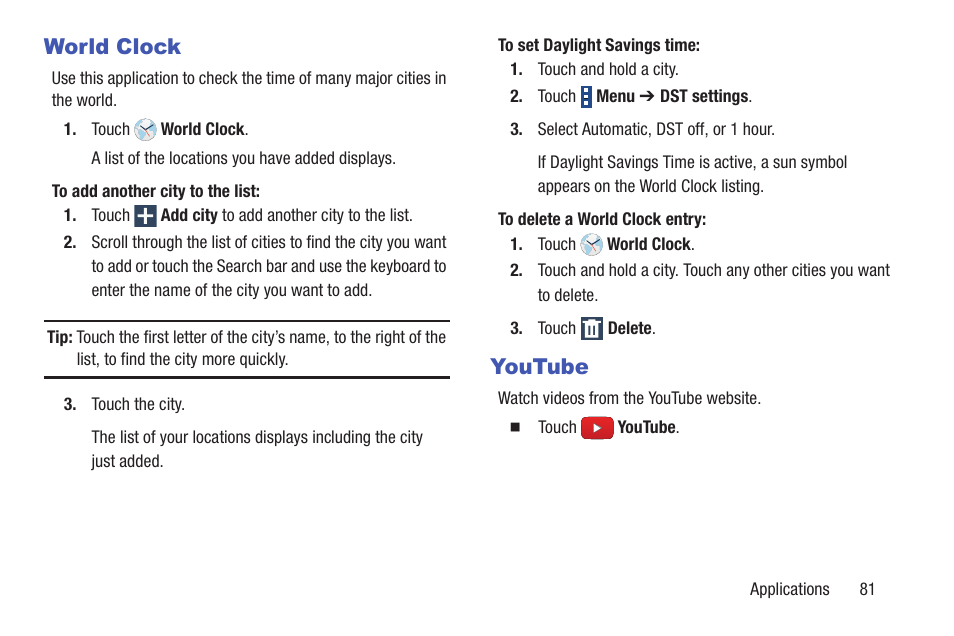 World clock, Youtube, World clock youtube | Samsung SM-T537RYKAUSC User Manual | Page 87 / 126