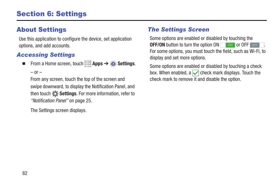 Section 6: settings, About settings, Accessing settings | The settings screen, For more | Samsung SM-T537RYKAUSC User Manual | Page 88 / 126