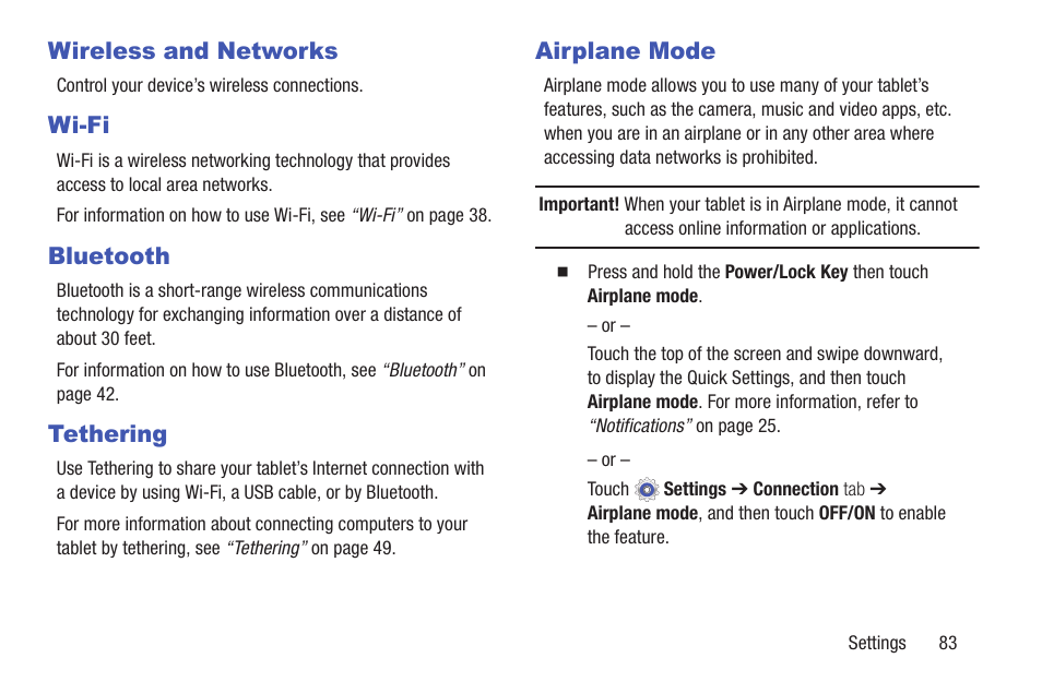 Wireless and networks, Wi-fi, Bluetooth | Tethering, Airplane mode, Wireless and networks wi-fi bluetooth, Tethering airplane mode | Samsung SM-T537RYKAUSC User Manual | Page 89 / 126