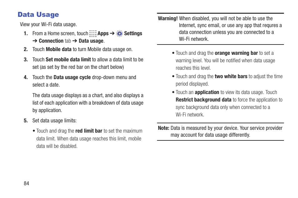 Data usage | Samsung SM-T537RYKAUSC User Manual | Page 90 / 126