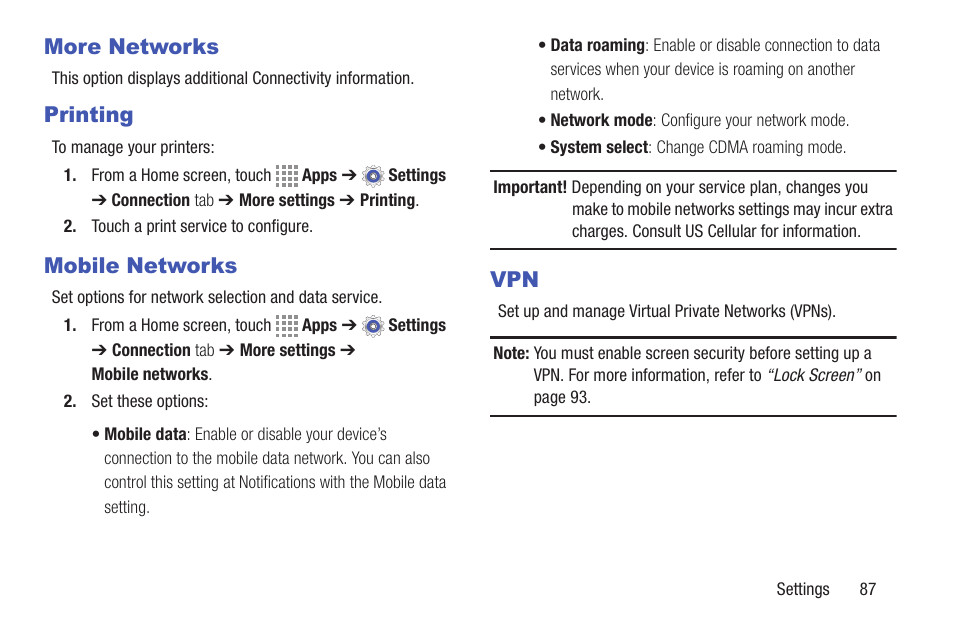 More networks, Printing, Mobile networks | More networks printing mobile networks vpn | Samsung SM-T537RYKAUSC User Manual | Page 93 / 126