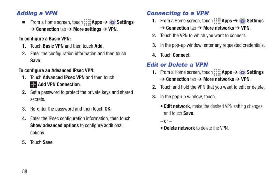 Adding a vpn, Connecting to a vpn, Edit or delete a vpn | Samsung SM-T537RYKAUSC User Manual | Page 94 / 126