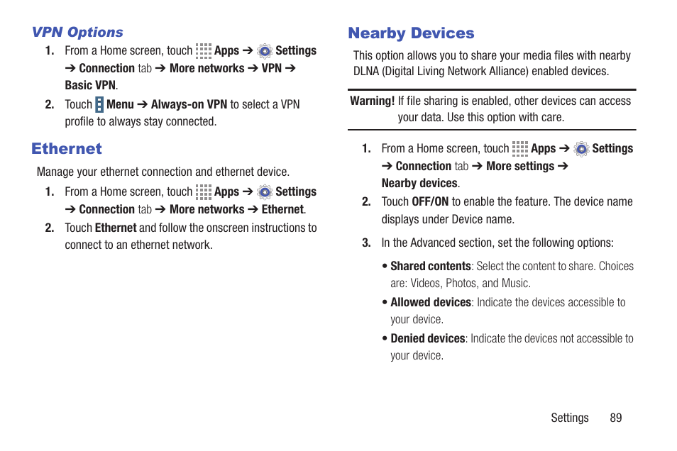Vpn options, Ethernet, Nearby devices | Ethernet nearby devices | Samsung SM-T537RYKAUSC User Manual | Page 95 / 126