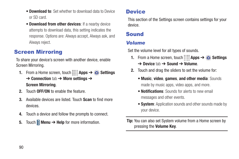 Screen mirroring, Device, Sound | Volume, Screen mirroring device sound | Samsung SM-T537RYKAUSC User Manual | Page 96 / 126