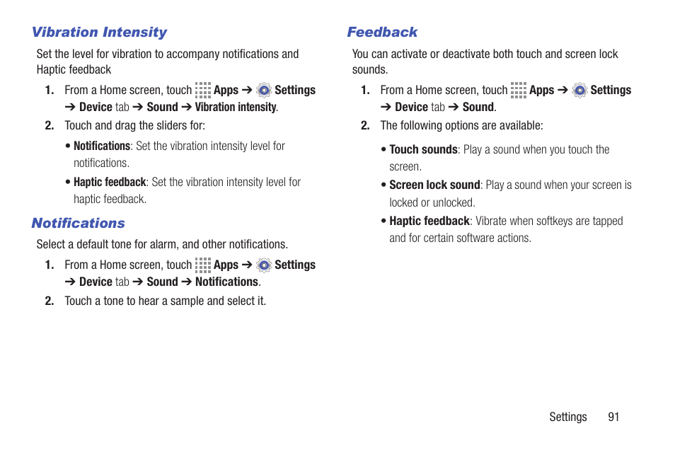 Vibration intensity, Notifications, Feedback | Samsung SM-T537RYKAUSC User Manual | Page 97 / 126