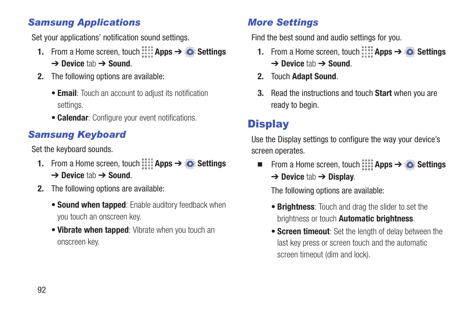 Samsung applications, Samsung keyboard, More settings | Display, For more | Samsung SM-T537RYKAUSC User Manual | Page 98 / 126